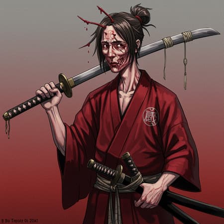 Sword over shoulder, kodachi, holding sword, laundry pole, holding sheath, arm blade, ensis exorcizans, tsuba, mizura, samurai, battoujutsu stance, sword cane, sunrise stance, tachi, red hakama, tsuka, yukianesa, seven-branched sword, twirling weapon, kouhaku nawa, disfigured, kitsch, unattractive, oversaturated, grainy, low-resolution, deformed, blurry, bad anatomy, malformed, poorly drawn face, mutation, mutated, extra limb, unappealing, poorly drawn hands, missing limb, blurry, floating limbs, disconnected limbs, malformed hands, blurred, out of focus, elongated neck, elongated body, distasteful, poorly drawn, childish, mutilated, mangled, surreal, text, blurry, monochrome, conjoined aspects, multiple heads, extra legs, extra arms, elongated, twisted, fingers, strabismus, heterochromia, closed eyes, blurred, watermark.