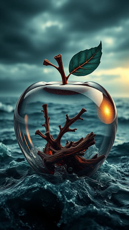 A captivating image featuring a stormy sea as the underlying backdrop, seamlessly blended into a glossy glass apple. The sea's turbulent details are subtly incorporated into the lifeless, dead glass apple, which gleams with earthy colors of decadence. The intricate design of the hyper-realistic, high-definition image presents an extremely detailed view, captured with a dark softbox effect. The scene is raytraced with cinematic flair, creating a photorealistic HDR masterpiece that balances sharp focus and the beauty of double exposure artistry.