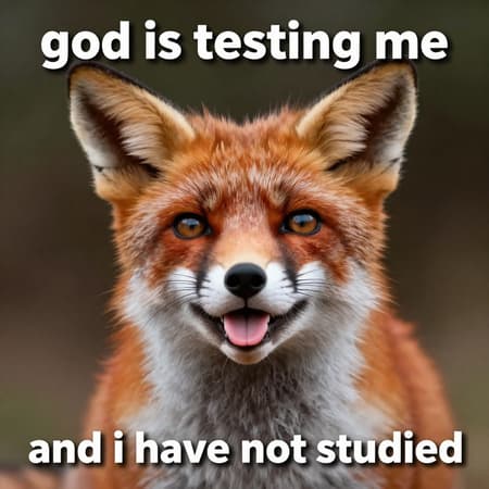 Humorous Red Fox With Testing Me Meme Photorealistic close-up portrait of a red fox with its tongue slightly sticking out, looking upwards with wide eyes, centered composition. The fox has vibrant orange and white fur, with subtle whiskers. Dark, out-of-focus background. Soft, natural lighting. Humorous, whimsical mood. White text overlay: "god is testing me" at the top and "and i have not studied" at the bottom, with a black shadow effect.