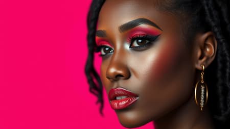 Photograph a striking portrait of a Black woman model against a vibrant hot pink background. The image should feature intricate, stylish eye makeup that draws attention to her captivating gaze. Utilize a camera setup that mimics the effect of a large aperture with an f/1.4, creating a beautiful, softly blurred background that enhances the focus on the model's face. The composition should be in a vertical orientation, capturing the elegance and raw style of the scene.