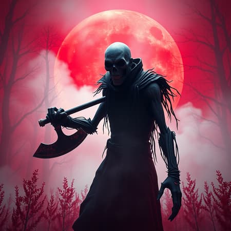 A chilling scene of horror featuring a highly detailed necromancer wielding a menacing axe, his face reminiscent of Jack the Ripper, set against a blood-red moon. Surrounding him is a dense, volumetric fog that swirls through an eerie red forest. The atmosphere is captured in hyperrealism, with ultra-realistic textures rendered in stunning detail using Unreal Engine. Cinematic lighting accentuates the breathtaking environment, captured through a wide-angle lens. The figure's anatomy is nightmarishly deformed, with extra arms and fingers adding to the unsettling presence. The scene evokes a haunting beauty with its blend of hyperrealism and CGI, resulting in a disfigured, otherworldly appearance that seems to emerge from a foggy nightmare.