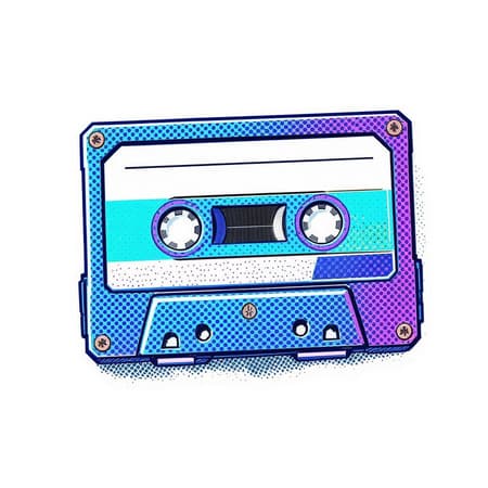 A retro-inspired cassette tape icon with a carbon fiber texture, featuring a vibrant blue and purple color palette, reminiscent of Roy Lichtenstein's pop art style, set against a clean white background with subtle comic book halftone patterns.