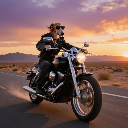 Photorealistic Image Of A Borzoi Photorealistic image of a Borzoi dog with sunglasses riding a classic motorcycle on a desert highway at sunset, full body shot. The Borzoi wears a black leather jacket and dark pants, with its long snout and fur clearly visible. The motorcycle is chrome and black, with a prominent headlight. The composition is dynamic, with the motorcycle angled slightly towards the viewer, motion blur on the road. Warm, golden hour lighting bathes the scene, creating long shadows and highlighting chrome details. The background features a vast desert landscape with silhouetted mountains under a vibrant orange and purple sky. The mood is cool, adventurous, and slightly surreal.