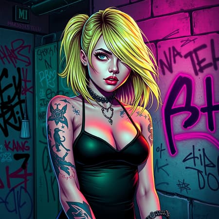 A highly detailed portrait of a blonde tattooed girl wearing a mini dress, inspired by artists Atey Ghailan, Greg Rutkowski, Greg Tocchini, James Gilleard, Joe Fenton, and Kaethe Butcher. The color scheme features gradient shades of green, black, purple, and neon, embodying a grunge aesthetic. In the background, a nightclub wall is adorned with graffiti tags, setting a vibrant and edgy scene. The artwork captures an intriguing blend of creativity while maintaining balanced proportions and attention to detail.