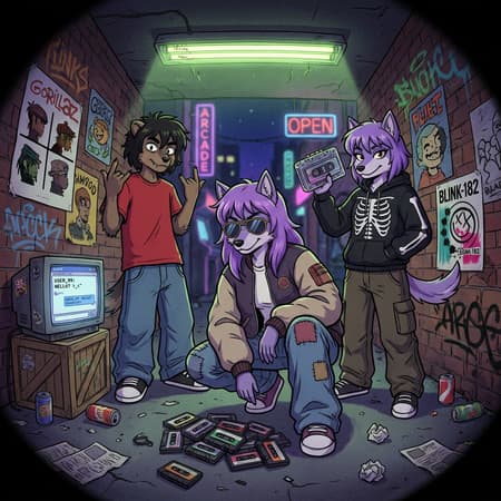 Anthropomorphic Characters In Grimy Alley With Cassettes Three anthropomorphic characters in an alleyway, late 90s/early 2000s cartoon style. One purple-haired female wolf in an aviator jacket and baggy jeans with patches, crouching. Another dark-haired character in a red tee and baggy jeans, making rock-on hand gestures. A third purple-haired female wolf in a skeleton hoodie and cargo pants, holding a cassette player.
The setting is a grimy alley with graffiti, posters (Gorillaz, Blink-182), and an old CRT monitor displaying a "web chat." Fluorescent light overhead, neon signs in the background. Dark, moody atmosphere with pops of vibrant color from clothing and lights. Cassette tapes and papers litter the ground. Fisheye lens effect.