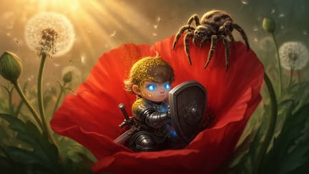 A tiny warrior in medieval armor, with glowing blue eyes and golden dust on his hair and face, crouching defensively inside a giant red poppy. He holds a shield up against a large, hairy spider clinging to the poppy petal above him. The setting is a magical, oversized garden with dandelions and seeds floating in the background. Digital painting, fantasy art style. Golden hour lighting, warm and ethereal, with dappled light and volumetric rays. Rich reds, greens, and earthy tones with glowing accents. Mysterious, adventurous mood. Detailed armor, sword hilt visible, golden pollen-like dust.