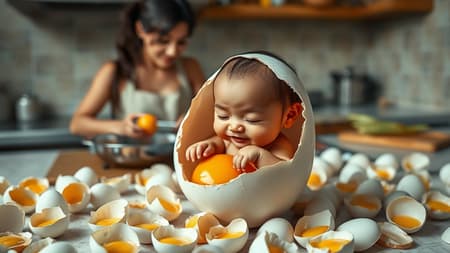 A hyper-realistic caricature of a baby with an exaggeratedly large head and the mature face of an Indonesian man emerges from a freshly cracked egg, gripping the edge of the shell with tiny hands. Inside, the yolk shimmers with a golden hue. Surrounding the scene are numerous other broken eggs of similar size scattered across a kitchen counter. In the background, a woman is busy cooking, her focus on the simmering pot, adding a warm, lively atmosphere to the setting. Ultra HD, 5k.