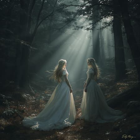 A mystical and enchanting forest setting featuring young women with flowing long hair, dressed in vintage gowns that accentuate their proportional figures. The scene is bathed in mystic light, casting an incandescent aura glow that enhances the cinematic composition. The atmosphere is dramatic and ethereal, with heavenly and divine light illuminating the celestial surroundings. The style is reminiscent of Elly May, with a touch of melancholy, bringing out the extremely high details in ultra HD, HDR quality. The scene is captured in 8k resolution, ensuring every minute detail is crystal clear, adding to the dreamlike and otherworldly ambiance.