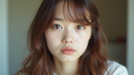 Young Japanese woman, aged 18-21, with chestnut brown hair, captured in a high-resolution portrait. The photograph delivers a Polaroid camera's classic feel, highlighting her natural beauty and distinct double eyelids. The image exudes an unrefined and authentic charm through a raw, unpolished aesthetic.