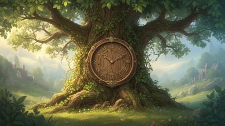 Enchanted Tree Of Time In Whimsical Forest a different scene in unrelated world;
a clock made of Wood, embedded in a magnificent tree, the Tree of Time Covered in Leaves and vines, fine and pleasant details, storybook whimsical art style, highly detailed, high fantasy, best quality, masterpiece