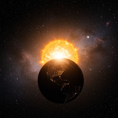 the sun shining brightly from space with earth in the foreground, galaxy backdrop in high-resolution 8k detail, capturing the vibrant glow and celestial depth