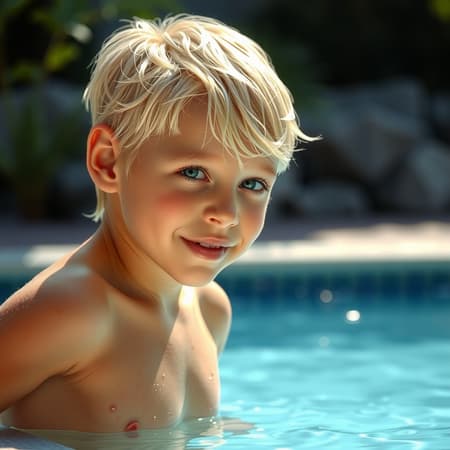 A Shirtless Blonde 10 Year Old Boy A shirtless blonde 10 year old boy that's at a pool. And it's realistic
