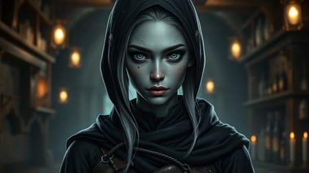 A stunning female drow thief from the D&D Circle of Stars, featuring perfect eyes and a detailed realistic face. Her gray skin captures the essence of dark fantasy. She stands in a medieval tavern with moody lighting, creating a dramatic and atmospheric scene. Her attire is reflective of her rogue lifestyle, with hints of starlight woven into her garments. The digital portrait is rendered in 8k UHD and HDR for striking clarity. The setting enhances her allure, casting mysterious shadows around her. Avoiding distractions like watermarks or logos, the image maintains focus on her captivating presence without any technical imperfections.