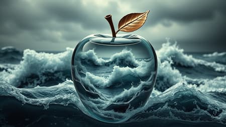 A stunning double exposure image blending a stormy sea with a glossy glass apple, where the tumultuous sea serves as the dynamic backdrop, its intricate details subtly intertwined within the lifeless glass apple. The composition features earthy tones of decadence, with the glass apple appearing hyper-realistic and extremely detailed. The image is shot in high definition using a dark softbox, employing cinematic raytracing techniques for photorealism and HDR qualities. A complex and captivating visual, the apple's sharp focus contrasts beautifully against the moody, storm-laden sea.