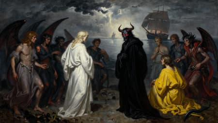 Oil painting of a demonic council gathered on a rocky, misty shoreline at night. A central demon with glowing red eyes and horns, robed in black, addresses a diverse crowd of humans and winged demons. One human in white robes stands prominently, while another in yellow robes sits. In the background, a large sailing ship is visible on the dark, reflective water under a glowing, stormy sky. The scene is dramatic and moody, with high contrast lighting, emphasizing the central figure. Dark, muted colors with highlights of red, yellow, and white, creating a sense of foreboding and mystery. Inspired by classical dark fantasy art.