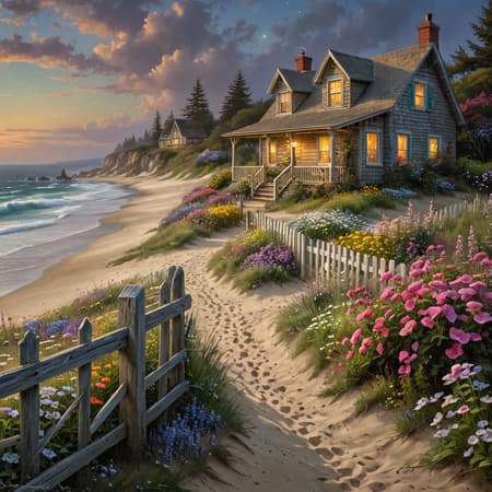 Landscape capturing the essence of a hint of summer at night, sandy path leading down with a fence aligning it, old weathered beach cottage standing sentinel amidst a sprinkle of mixed summer flowers, all depicted in the meticulous style of Thomas Kinkade, ultra HDR