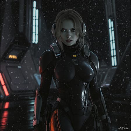 female x-wing pilot in a sleek space suit with rugged boots, set against a futuristic backdrop, cinematic lighting casting dramatic shadows, epic fantasy vibe, hyper-realistic details, embodies warcore aesthetics, grainy texture with graphic clarity, harsh determined expression, intricately detailed 8k resolution, wide 16:9 aspect ratio