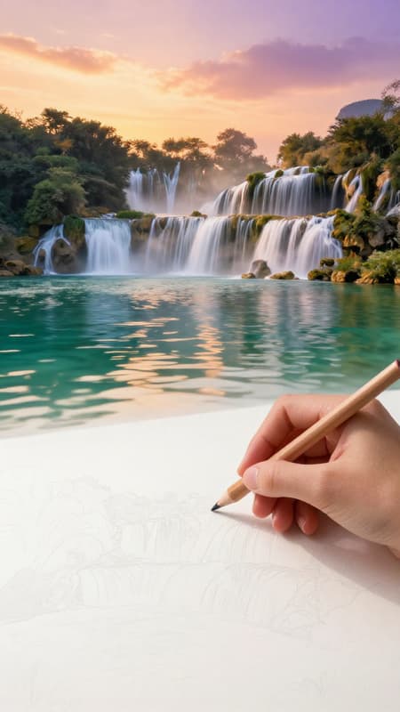 Ultra–photorealistic, intricately detailed single unified scene of a serene lagoon with a perfect cascading waterfall at sunset, with absolutely no visual split, border, or compositional separation between styles. Crystal-clear turquoise water fills the calm lagoon, reflecting the sky and surrounding environment. A majestic waterfall pours smoothly over natural rock formations into the lagoon below, creating gentle mist and ripples across the water’s surface. Lush greenery and soft vegetation surround the lagoon, with subtle movement suggesting a light breeze. Warm golden-hour sunlight filters through the scene, casting soft, dappled light and long, natural shadows across rocks and water. In the distance, soft silhouettes of hills or mountains rise beneath a glowing sky filled with smooth gradients of amber, peach, rose, and violet, with subtle atmospheric perspective.

The entire composition shares one consistent perspective, lighting, and depth of field. Instead of dividing the image into sections, the medium evolves gradually and organically across every object simultaneously. The transition from photorealism to colored pencil is extremely slow and evenly distributed throughout the scene, affecting all elements at once—waterfall, ripples, mist, rocks, vegetation, and sky—so no region appears fully one style or the other. Fine pencil texture, grain, and soft linework are subtly interwoven into the photorealistic detail from the very beginning, becoming incrementally more visible lower in the image. There is no clear boundary or threshold—only a continuous blending where realism and drawing coexist at every point.

A delicate female hand appears naturally within the same environment, lit by the same sunset light, holding a colored pencil mid-stroke. The hand is fully integrated into the scene (not overlaid), with realistic skin texture and soft shadows. The pencil tip interacts directly with the landscape as if gently refining it, but without creating a “drawn vs real” division—its influence is diffuse and continuous. Toward the bottom, detail becomes more minimal and suggestive, with lighter shading and incomplete forms, yet still part of the same uninterrupted environment. The lowest portion softly transitions into sparse marks on white paper, but remains visually connected to the full scene above, preserving the illusion that the entire image is one continuous reality gradually becoming a drawing.