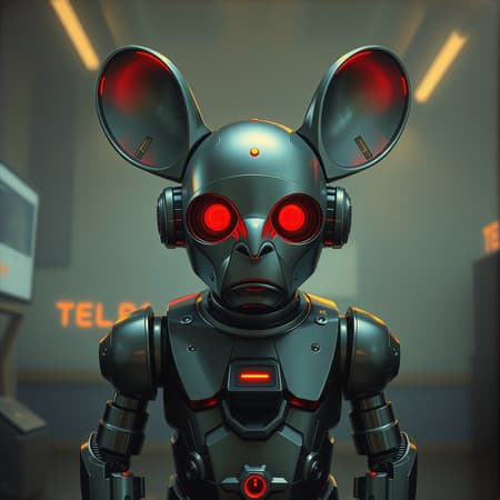 In a divine, moody color scheme reminiscent of an award-winning masterpiece, envision a highly detailed oil on canvas painting capturing a 1950s retro-futuristic scene. At the center stands an android robot resembling a fat, old man with exaggeratedly large ears, its features crafted from muted chrome and subtly illuminated by a bioluminescent red light. The atmosphere is cinematic, with a sharp focus and octane-render-like lighting that enhances the intricate details. The setting exudes a soft blend of nostalgia and innovation, with the android's design subtly incorporating elements of a mouse. This epic artwork, trending on ArtStation, combines both a whimsical charm and an enigmatic presence, pulling viewers into a futuristic yet familiarly retro world. In a divine, moody color scheme reminiscent of an award-winning masterpiece, envision a highly detailed oil on canvas painting capturing a 1950s retro-futuristic scene. At the center stands an android robot resembling a fat, old man with exaggeratedly large ears, its features crafted from muted chrome and subtly illuminated by a bioluminescent red light. The atmosphere is cinematic, with a sharp focus and octane-render-like lighting that enhances the intricate details. The setting exudes a soft blend of nostalgia and innovation, with the android's design subtly incorporating elements of a mouse. This epic artwork, trending on ArtStation, combines both a whimsical charm and an enigmatic presence, pulling viewers into a futuristic yet familiarly retro world.