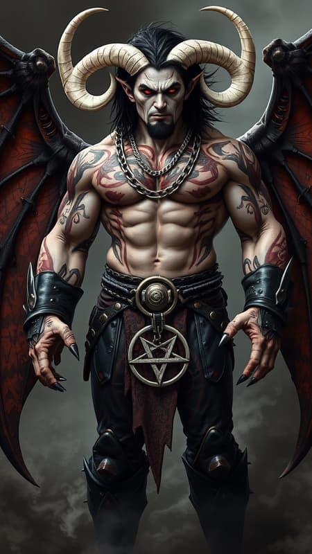 Cosmic horror. Chaos from creation. Abyss demon, death demon. Hypermasculine male, tall, extremely muscular, brute, sinewy. Pale white skin. Red, menacing eyes with dark circles around them. Strong brow and jaw, vampire-like fangs in his mouth. Black medium length hair, wild and unruly. 2 large white ivory horns curving up from the sides of his head. Black goatee on his face. His upper body is covered in dark red tribal tattoos and sigils, all neatly arranged. Big silver chains are wrapped around his massive chest in an o-ring style harness, also wrapped above his biceps. Heavy black leather bracers with spikes are on his arms. Hands have black, claw like fingernails. He wears form-fitting, leather bondage-type pants with chains around his waist. A large silver inverted pentacle as the belt buckle. Pants are tucked into big, heavy black boots adorned with silver metal. He has 2 gigantic demon wings, black on the outsides and reddish on the insides-- he uses them to fly. He has a dark aura and there is black smoke wherever he goes. Full body pose. He is a worshiper of Death. Cosmic horror. Chaos from creation. Abyss demon, death demon. Hypermasculine male, tall, extremely muscular, brute, sinewy. Pale white skin. Red, menacing eyes with dark circles around them. Strong brow and jaw, vampire-like fangs in his mouth. Black medium length hair, wild and unruly. 2 large white ivory horns curving up from the sides of his head. Black goatee on his face. His upper body is covered in dark red tribal tattoos and sigils, all neatly arranged. Big silver chains are wrapped around his massive chest in an o-ring style harness, also wrapped above his biceps. Heavy black leather bracers with spikes are on his arms. Hands have black, claw like fingernails. He wears form-fitting, leather bondage-type pants with chains around his waist. A large silver inverted pentacle as the belt buckle. Pants are tucked into big, heavy black boots adorned with silver metal. He has 2 gigantic demon wings, black on the outsides and reddish on the insides-- he uses them to fly. He has a dark aura and there is black smoke wherever he goes. Full body pose. He is a worshiper of Death.
