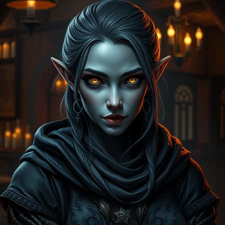 A strikingly beautiful thief from the D&D Circle of Stars stands poised, her captivating eyes gleaming with cunning intelligence. Her dark fantasy allure is heightened by her detailed, realistic face and the intricate digital artistry of her portrait. She is a stunning female Drow, her gray skin contrasting vividly with the moody, dramatic lighting of the medieval tavern background. The ambiance is rich in shadows and mystery, adding an intense, atmospheric depth to the scene. The character's full form is expertly captured in breathtaking 8k UHD HDR quality, showcasing her in meticulously crafted attire that befits her enigmatic nature. The portrayal is a testament to her allure and formidable skill, with subtle creative modifications enhancing her distinct personality while preserving the essence of this charismatic and intricately designed character.
