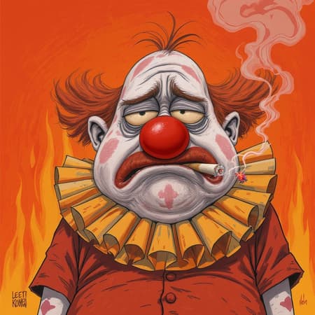 A whimsical cartoonish depiction of a frumpy clown character, male and mid-forties, displaying an unkempt, irritable demeanor. His elongated and exaggerated face features a pronounced, bulbous nose and sunken, droopy eyes, complemented by a prominent chin. His lanky physique is slouched, amplifying his worn-out and disgruntled look. The clown's outfit includes a rumpled orange ruff and a shabby red shirt, with the hint of a lit cigarette precariously hanging from his lips. All of this unfolds against a vibrant, fiery orange background accented by swirls of smoke, adding to his chaotic, zany aura. A whimsical cartoonish depiction of a frumpy clown character, male and mid-forties, displaying an unkempt, irritable demeanor. His elongated and exaggerated face features a pronounced, bulbous nose and sunken, droopy eyes, complemented by a prominent chin. His lanky physique is slouched, amplifying his worn-out and disgruntled look. The clown's outfit includes a rumpled orange ruff and a shabby red shirt, with the hint of a lit cigarette precariously hanging from his lips. All of this unfolds against a vibrant, fiery orange background accented by swirls of smoke, adding to his chaotic, zany aura.