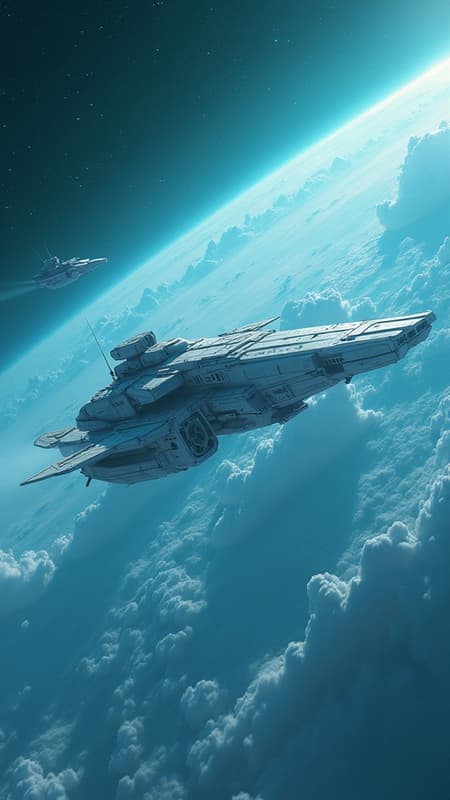 Spaceship navigating through the cosmos, inspired by Star Wars, in the visual style of Olympus AF-1, cinematic stills capturing light gray and sky blue hues, breathtaking beauty, fragmented surfaces meeting light gray and deep emerald tones, reminiscent of a frost-covered world, rendered with realism and hyper-detailed precision, at an awe-inspiring 32k UHD resolution, masterpiece quality; a spacecraft gracefully approaching from afar, featuring #vfxfriday style, embodying ethereal changelingcore aesthetics, presented in IMAX-like close-up, with light indigo and white accents, captured in hyper-realistic detail, resulting in a stunning digital art photograph that epitomizes science fiction allure.