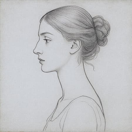 Graphite sketch of a woman's profile, understated elegance, minimalist, inspired by Odilon Redon, capturing serene beauty with delicate shading, elongated vertical composition, subtle artistic flair, harmonious balance, tranquil expression.