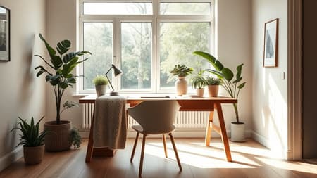 A charming Scandinavian home office features a natural oak desk, adorned with simple yet elegant decor. Soft ambient lighting streams through a large floor-to-ceiling window, casting gentle shadows that blend perfectly with the early morning sunlight. The room’s minimalist design is accentuated by lush green indoor plants and cozy textiles, like a warm knitted throw draped over a sleek chair. Captured from a low angle, the scene emphasizes the open, airy feel and the seamless integration of nature. Earthy tones and a hint of modern technology subtly sit in harmony, creating an inviting, productive space.