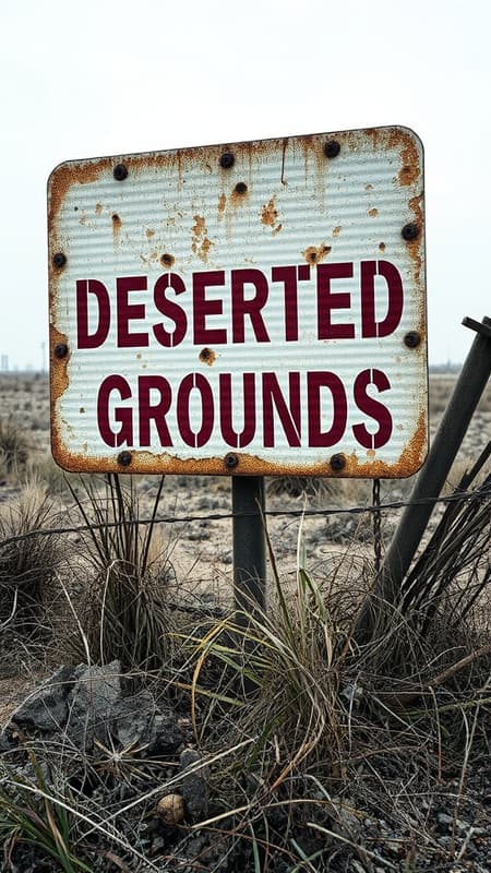 A battered and rusted metal sign stands amidst the desolate landscape, its surface pockmarked with bullet holes and deep scratches from years of neglect. Faded paint barely clings to the corrugated surface, spelling out the words "Deserted Grounds" in flaking, blood-red letters. Tangled weeds and shards of broken glass litter the area beneath it, while the skeletal remains of a twisted fence lean precariously nearby. The sign creaks ominously in the cold, blustery wind, a stark reminder of a long-forgotten past in this forsaken wasteland.