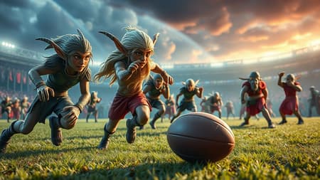 Dynamic realistic photograph of a fantasy football field, featuring elves and orcs with highly detailed skin texture, full body shot, rugby ball, whimsical, intricate figurines, vibrant colors, well-proportioned characters, richly textured landscape, dreamlike atmosphere, vividly colored uniforms, action-packed scene, expressive faces, dramatic lighting, enchanted ambiance, crisp, sharp focus, fantastical elements and creative play. Dynamic realistic photograph of a fantasy football field, featuring elves and orcs with highly detailed skin texture, full body shot, rugby ball, whimsical, intricate figurines, vibrant colors, well-proportioned characters, richly textured landscape, dreamlike atmosphere, vividly colored uniforms, action-packed scene, expressive faces, dramatic lighting, enchanted ambiance, crisp, sharp focus, fantastical elements and creative play.