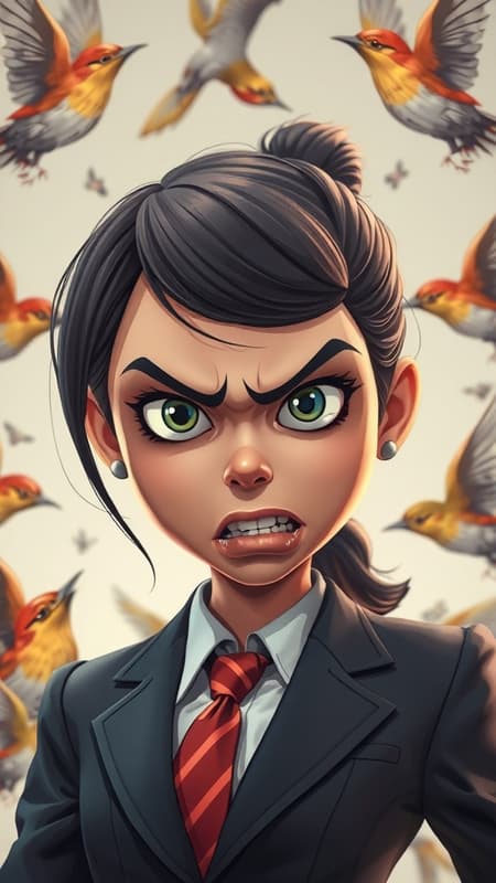 A young girl in a sharp business suit with an exaggeratedly furious expression, rendered in the style of Unreal Engine 5, featuring cartoonish yet striking caricatures, portraying a mesmerizing blend of realism and animation. The scene is alive with movement, capturing the vibrant essence of animated gifs. Surrounding her, there's a tapestry of life-like avian illustrations, adding a touch of whimsy. The composition is a close-up, highlighting soft, romantic undertones, seamlessly blending into the whole scene, creating an unexpectedly beautiful and harmonious contrast.
