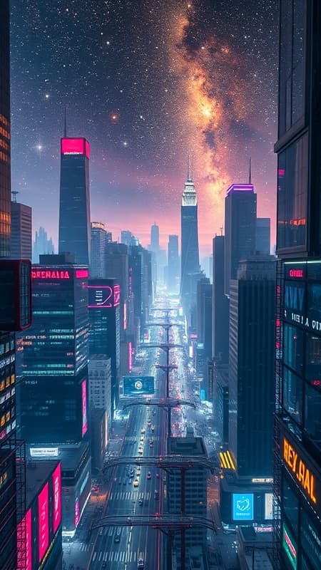 Cityscape Where Neon Art In a sprawling cityscape where neon lights reflect off sleek metal skyscrapers, advanced AI systems weave through the streets, harmonizing daily life as the starlit cosmos above embraces the metropolis in a celestial dance.