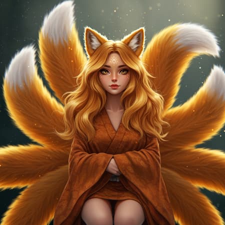 Fluffy nine-tailed fox girl portrait inspired by the art styles of Wlop and Guweiz, captured in hyper-realistic detail with a professional 8k resolution. Bathed in soft, natural lighting, this image showcases her delicate features and expressive eyes. Her tails are elegantly fanned out, each one reflecting the light in a unique way, contributing to the ethereal and mythical aura surrounding her. The setting is serene, enhancing the calm yet enigmatic nature of the scene. Special attention is given to the texture of her fur and the gentle flow of her hair, adding an extra layer of realism and depth.