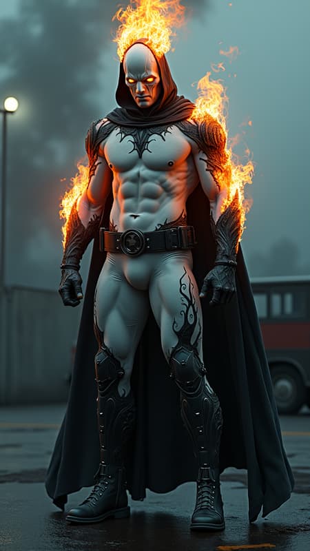 Cinematic portrait of a menacing supernatural vigilante, muscular Caucasian male with imposing athletic build, wearing a ghostly pale spandex bodysuit. Dramatic noir lighting with volumetric fog effects. The costume features intricate obsidian and charcoal flame patterns that organically flow up from dark gray combat boots and gauntlets, creating detailed gothic tendrils that wrap around the thighs and forearms. Wide black tactical belt with polished silver studs catches ambient street light. A flowing short cloak with oversized hood drapes his shoulders, adorned with detailed black and ash-gray flame motifs along the edges and ribbing. Pure white latex mask obscures all facial features except piercing, luminescent golden eyes that emit an ethereal glow within the shadow of the cowl. Hyperrealistic flames emanate from his hands and crown his head with a massive fiery halo, casting dramatic chiaroscuro lighting across the scene. The flames incorporate particles and embers with subtle color variations of orange, blue and white. Dynamic full-body pose on a dark urban rooftop, surrounded by art deco architecture and neon-lit streets below. Moody atmospheric fog and smoke effects add depth. 8k resolution, dramatic rim lighting, volumetric god rays, cinematic color grading