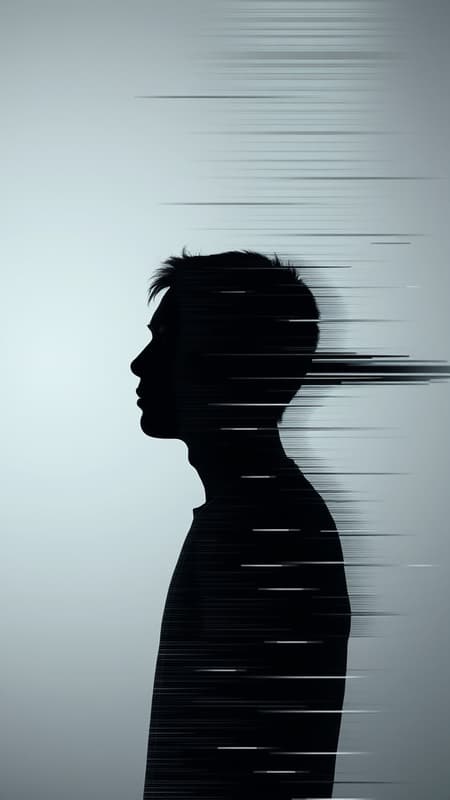 Vertical portrait of a lone human silhouette, infused with glitch art featuring linear distortion, horizontal scan lines, and digital interference. The figure is horizontally distorted with scan line interference patterns against a subtle grey backdrop. The aesthetic carries a corrupted data vibe, showcasing noise textures and horizontal artifacts. The scene is enveloped in soft, diffused lighting, maintaining a raw, digital essence with a touch of stylization.