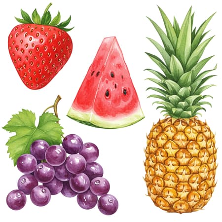 Watercolor illustrations of various foods, each vividly detailed and isolated on a clean white background, free from any shadows, highlighting the vibrant colors and textures of the ingredients.