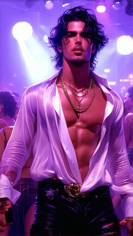 I had a dream... I was in a nightclub, and there were people on the dancefloor. The lights were bright and blinking, pulsing. The music was booming and the Bass was bumping. Then I saw him on the dancefloor... Guido. tall, masculine, rugged, handsome, sexy. Italian heritage. Muscular, fit, athletic. Dark black wavy hair, short on the sides and back, longer on top and combed back. Silky white shirt, unbuttoned to his navel, gold chains around his neck, tight black jeans revealing a bulge in his crotch. His moves were erotic and sensuous, grinding his hips and thrusting his pelvis. I could smell his cologne across the room, Sweat running down his body. C'mon, Guido, take off that shirt, I wanna see that muscular chest. I love the way your thighs are testing the denim of those jeans. Raise your arms, lemme see those hairy pits. I wanna lick the sweat from your body. Show me what you've got. He was about to do just that before I woke up... 