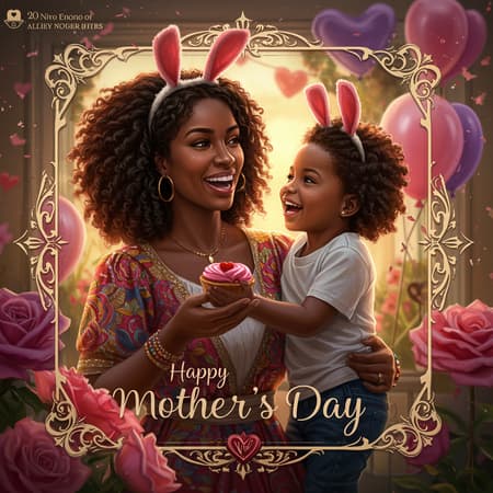 A stunning and hyperrealistic depiction of an African American woman and her child, radiating joy as they celebrate Mother's Day. The scene is imbued with vibrant colors and intricately detailed elements, capturing the essence of love and festivity. Both mother and child are enveloped in a warm, joyous atmosphere, their expressions filled with happiness. The image is beautifully framed in an elegant, ornate frame, completely enclosing all elements without any cropping. Rendered in an airbrush style with 8K acrylic quality, the details are exquisite, from the textures of their clothing to the lively backdrop. The words "Happy Mother's Day" are prominently integrated into the scene, enhancing the spirit of celebration.