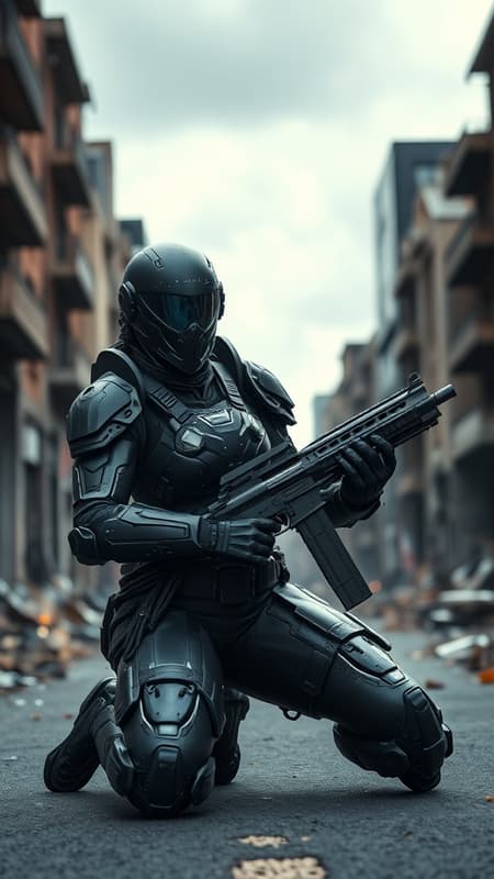A black female warrior clad in intricate sci-fi battle armor kneels with precision, her posture suggesting readiness and determination. Her head is smooth, encased in a cybernetic helmet with a sleek, high-tech visor that conceals her eyes, adding to her enigmatic presence. She is equipped with a futuristic weapon, its design reflecting complexity and advanced engineering. The armor is a fusion of plate and insulated materials, seamlessly integrated with the aesthetics of a spacesuit, featuring numerous intricate details that hint at advanced technology. The setting is a desolate city street, its ruins a testament to past conflicts, under the heavy skies of an overcast day. The image captures a sense of realism, utilizing natural textures and soft, ambient light that casts subtle shadows. The perspective is third-person, featuring a cinematic composition enhanced by a gentle blur effect, as if a moment of intense focus is being captured in motion. The scene embraces photorealism with cinematic lighting that evokes a moody ambiance, crafted through techniques like ray tracing, and captured in stunning 8K Ultra-HD resolution, offering a vivid exploration of this futuristic vision.