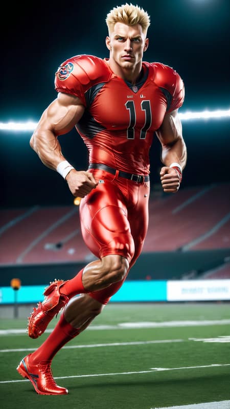 Super-hero, football Player, sports figure, college football. Hypermasculine male, Caucasian white male, young man (about 18 thru 21). Tall, muscular, sinewy, athletic, fit, wide bach and shoulders, broad chest, narrow waist, big thighs and calves. Super fast, can outrun a car, leaves a trail of wind in his wake. Unstoppable, can plow through his opponents on the football field. Handsome, rugged good looks. Light golden blonde very short hair, flat top hairstyle, close on sides and straight spiky on top. Deep set aqua-blue eyes, strong brow and chin, mild soul patch on face. Cleft in chin, cute dimples on face. Black strips under his eyes to reduce glare. Bare chest, shirtless, sweat running down his chest and legs after a hard practice. Black shoulder pads, elbow pads and knee pads on the outside of his body. Bright red (((red))) shiny football shorts stretched over his bulging crotch, revealing strong powerful thighs and legs. Black cleated football shoes. Usually running, a need for speed. Full body pose. 