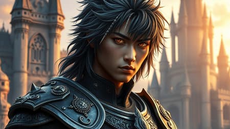 Intricate medieval fantasy portrait featuring a strikingly handsome Asian warrior adorned in ornate armor, standing in front of a majestic fantasy castle bathed in warm morning light. His hair, a striking blend of obsidian and silver, cascades around his shoulders, framing a face with sharp, chiseled features. His eyes, glowing with an electric intensity, give an unsettling yet captivating psychopathic gaze, hinting at a fierce, untamed spirit.