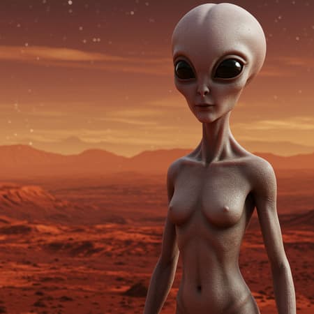 A fantastical digital art scene featuring a full-body depiction of an alien with a womanly form, her strikingly large golden eyes gleaming with curiosity. She stands against the backdrop of Mars, its crimson landscape stretching into the horizon. The alien's ethereal presence exudes an otherworldly allure, blending seamlessly with the planet's rugged terrain under a soft, otherworldly glow.