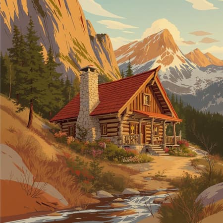 digital painting of a rustic cabin nestled on a mountainside, American scene painting in vector art style, expansive and detailed wide shot capturing a 1950s illustration aesthetic, portraying a cozy and inviting atmosphere, enhanced with intricate 3D illustration elements for depth and texture.