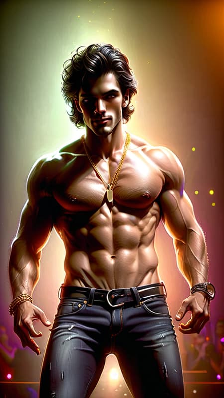 I had a dream... I was in a nightclub, and there were people on the dancefloor. The lights were bright and blinking, pulsing. The music was booming and the Bass was bumping. Then I saw him on the dancefloor... Guido. tall, masculine, rugged, handsome, sexy. Italian heritage. Muscular, fit, athletic. Dark black wavy hair, short on the sides and back, longer on top and combed back. Silky white shirt, unbuttoned to his navel, gold chains around his neck, tight black jeans revealing a bulge in his crotch. His moves were erotic and sensuous, grinding his hips and thrusting his pelvis. I could smell his cologne across the room, Sweat running down his body. C'mon, Guido, take off that shirt, I wanna see that muscular chest. I love the way your thighs are testing the denim of those jeans. Raise your arms, lemme see those hairy pits. I wanna lick the sweat from your body. Show me what you've got. He was about to do just that before I woke up... 