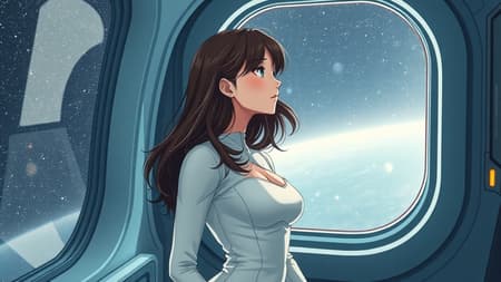 A young woman in a form-fitting white jumpsuit gazes out the window of a spaceship. The scene captures an anime and manga aesthetic, rendered through digital art with a slightly pixelated texture. Her expression is contemplative, and her hair cascades gently around her shoulders. The spaceship window reveals a vast starry expanse. Her pose is natural and elegant, and despite the low resolution, the image maintains a charming quality. There's an intentional play with imperfections, hinting at slight distortions and an abstract touch that emphasizes the surreal nature of space travel.