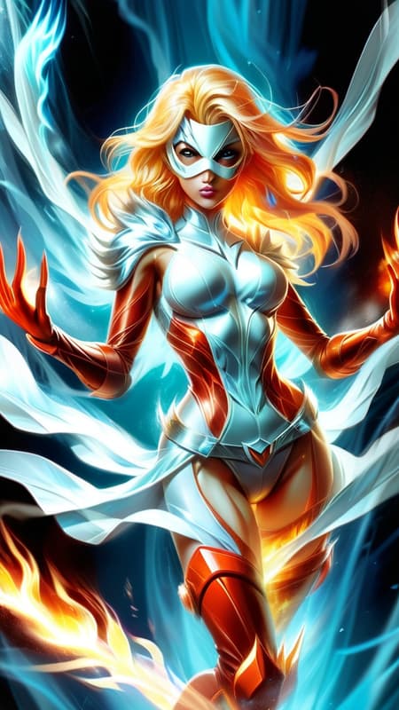 Super-hero, fire and ice,  controller of 2 elements. Tall, athletic, statuesque feminine Caucasian female. Icy blue eyes. Medium length golden blonde hair, volumous with side-parted fluffy bangs. She wears an icy silvery-white super-hero mask over her eyes. 

Form-fitting body suit, sleeveless fiery-red top with silvery-white trim around the arm holes and a high collar, trim is shaped like flames. Diamond shaped cut-out in cleaveage area. Boots are high heeled and also fiery-red,  knee high and tops of boots are also flame shaped. Silver chrome v-shaped belt around her waist, a sheer gossamer silvery white skirt with pieces shaped like icicles composing the shape of the shirt, icy blue crystalline Sheen on some if it. Icy blue long sleeved gloves with same crystalline sheen. She can create flames in one hand, ice in the other. She is a master of both elements, and her moods run hot and cold. Full body pose, flying through the air on wind currents. 