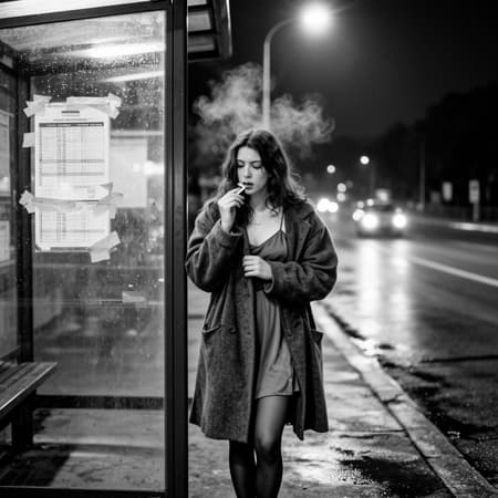 A solo woman with a waifish early-90s grunge editorial vibe stands alone at a night bus stop, shoulders hunched in an oversized thrifted coat over a modest slip dress and tights, one hand clutching the coat closed while the other holds an unlit cigarette near her lips, eyes turned down the empty road with longing and quiet desire. Black-and-white 35mm film fashion editorial, raw and intimate, Tri-X grain, slight halation, sodium streetlamp glow and wet pavement reflections, misty breath, rain-specked bus shelter glass with a taped timetable, distant headlights as soft bokeh, 50mm lens, f/2, ISO 1600, handheld realism, restrained melancholy.
