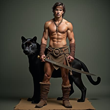 hypermasculine male, manly. Caucasian jungle man, dark brown hair short on sides longer on top. A brown leather band tied around the forehead. Tanned skin, smooth and hairless. Pale grey eyes with intense spiritual gaze. Strong brow and chiseled strong jaw, handsome, rugged looks. Soul patch on face. Tall, strong, muscular, sinewy, well defined, broad shoulders, broad chest, wide back. Olympian gymnast build/body. Gold necklace/talisman with leather strap around the neck. Wrapped brown leather bands around wrists, bands around tops of biceps, accenting big arms. Brown o-ring harness on the chest, strapped from the shoulder. Brown leather loincloth, barely covering the crotch area, exposing strong powerful legs. Soft, brown cloth knee-high boots wrapped around legs. Full body pose. He wields a unique bastard sword that he straps to his back. He keeps company with a huge, sleek black panther. ((MASTERPIECE))
Read Less hypermasculine male, manly. Caucasian jungle man, dark brown hair short on sides longer on top. A brown leather band tied around the forehead. Tanned skin, smooth and hairless. Pale grey eyes with intense spiritual gaze. Strong brow and chiseled strong jaw, handsome, rugged looks. Soul patch on face. Tall, strong, muscular, sinewy, well defined, broad shoulders, broad chest, wide back. Olympian gymnast build/body. Gold necklace/talisman with leather strap around the neck. Wrapped brown leather bands around wrists, bands around tops of biceps, accenting big arms. Brown o-ring harness on the chest, strapped from the shoulder. Brown leather loincloth, barely covering the crotch area, exposing strong powerful legs. Soft, brown cloth knee-high boots wrapped around legs. Full body pose. He wields a unique bastard sword that he straps to his back. He keeps company with a huge, sleek black panther. ((MASTERPIECE))
Read Less