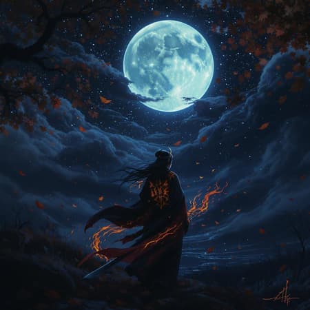 A lone samurai stands under the moonlit sky, her sword reflecting the pale glow of the night, surrounded by surreal, epic fantasy landscapes reminiscent of screen printing art. She is draped in a kimono of light black and deep red, capturing the spirit of comiccore, while subtle fire motifs flicker around her, adding an element of firecore intensity. As a gentle breeze stirs the dark horizon, whispers of autumn and Halloween fill the air, creating an atmosphere of mystery and anticipation. Her silhouette strikes a powerful pose against the expansive horizon, embodying both strength and enigma.